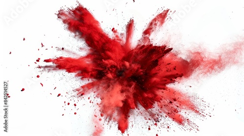 Red powder explosion with particles flying in all directions, creating a dramatic and chaotic effect. Isolated on a white background, the image emphasizes the intensity and energy of the explosion. 