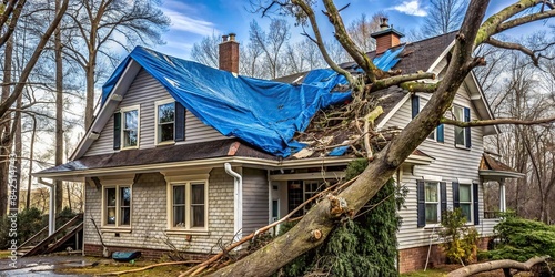 A residential house with its roof crushed by fallen trees and branches from a severe winter storm, a tarp is placed over the damaged area as a temporary fix, residential house