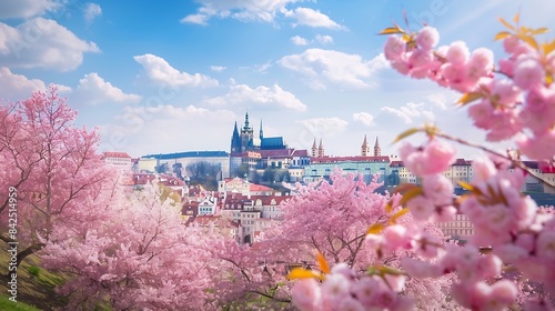 Hradcany hill with cathedral and castle on the background of blue sky and blooming pink cherry trees in springtime Spring in Prague Czech Republic : Generative AI