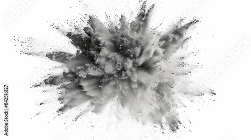 White powder explosion with particles flying in all directions, creating a dramatic and chaotic effect. Isolated on a white background, the image emphasizes the intensity and energy of the explosion. 