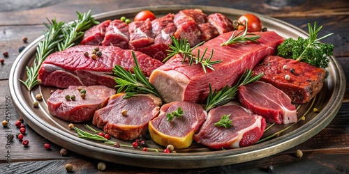 A glistening platter overflowing with succulent cuts of red meat, including veal, horse, and beef