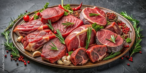 A glistening platter overflowing with succulent cuts of red meat, including veal, horse, and beef