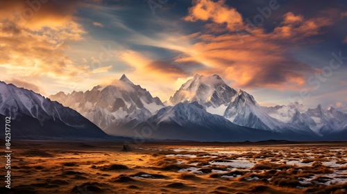Panoramic view of Mount Cook in New Zealand during sunset.