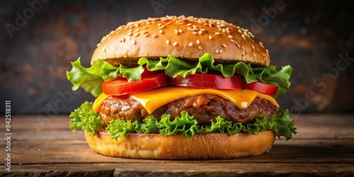 A perfectly grilled beef patty topped with melted cheddar cheese, crisp lettuce, juicy tomato, and tangy pickles, all nestled in a toasted sesame seed bun, beef patty, cheddar cheese