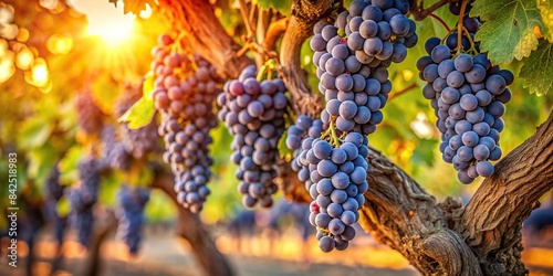 A close-up of ripe, plump Zinfandel grapes hanging from a gnarled old vine in a Lodi vineyard, bathed in warm California sunlight , Lodi, Zinfandel, old vine, grapes, vineyard, California