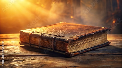 A weathered leather bound book, its pages filled with ancient scripts and s, sits on a table bathed in warm, ethereal light, Akashic Records, ancient book, leather bound, mystical, ethereal