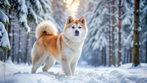 A majestic Akita Inu, with a thick white coat, strides confidently through a snow-covered forest, its tail curled high, its eyes alert, as it enjoys a brisk winter walk, akita inu, winter
