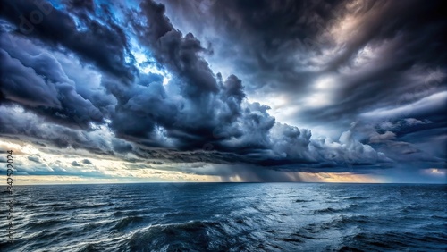 A vast expanse of stormy grey clouds hangs low over a choppy, dark blue sea, creating a dramatic and moody atmosphere, clouds, sea, ocean, storm, dramatic, moody, sky, water, nature, weather