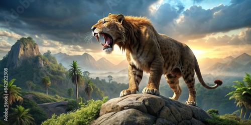 A majestic Smilodon, its massive saber teeth bared in a ferocious roar, stands proudly on a rocky outcrop, a backdrop of lush prehistoric vegetation, saber tooth tiger, smilodon, prehistoric