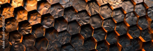 Close-up view of a hexagonal metallic surface with warm lighting, creating a modern and industrial look.