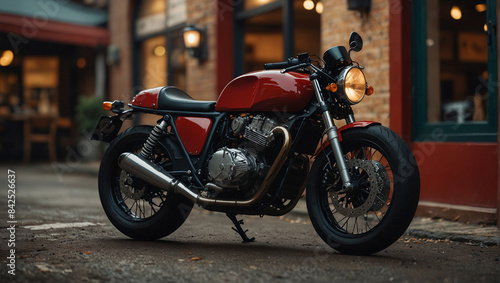 Red, custom build caffe racer motorbike in the city