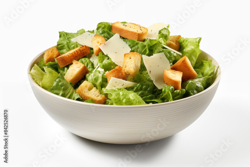 Caesar salad with croutons and parmesan cheese isolated on white background