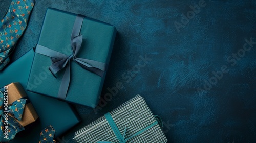 top wiew of Blue gift box With red ribbon, notebook and light blue tie on dark blue background. Realistic, HD, Copy Space, Generative ai