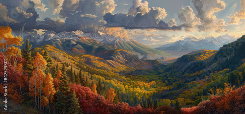 A panoramic view of the Colorado Rocky Mountains, with golden aspen trees and dark green pines under dramatic clouds at sunset