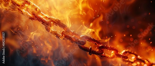 A fiery chain burns brightly, symbolizing the breaking of bonds or the overcoming of obstacles