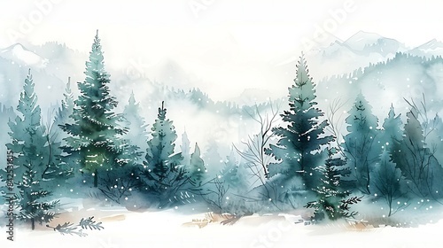 Hand drawn watercolor coniferous forest illustration, spruce. Winter nature, holiday background, conifer, snow, outdoor, snowy rural landscape