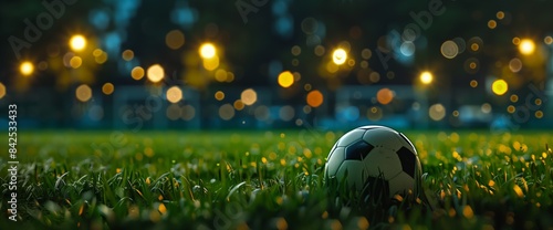 A soccer ball rests on a well-lit field under bright stadium lights, ready for an exciting match.