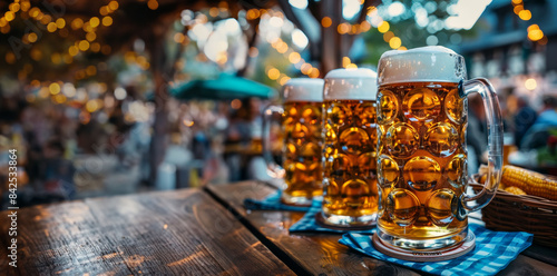 Three beer steins on a wooden table in an outdoor beer garden with string lights and a bustling crowd