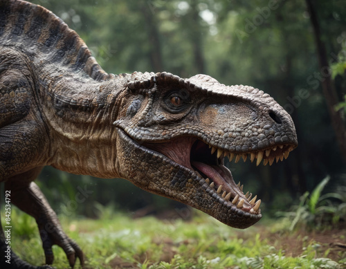 Un dinosauro scatta tra la vegetazione, i suoi occhi fissi su una preda invisibile. 