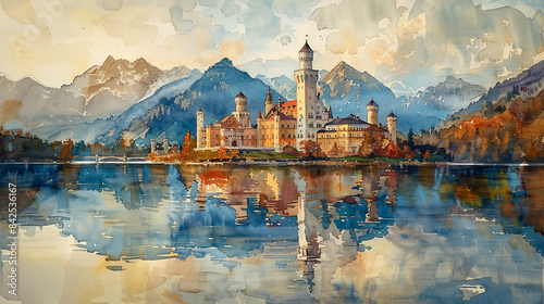 Historical castle by the river in watercolor style