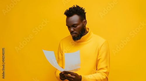 A man dressed in yellow stands against a yellow background holding a single piece of paper, the look on his face lets you know that he is contemplating what it says. Photographed in studio.