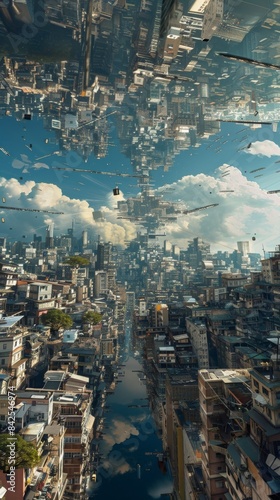 Flipped city buildings, different cities are distributed in the triple space, dilapidated cities and advanced cities, science fiction style, contradictory space, Inception movie style,hyper quality,Ci