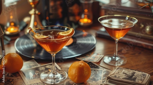 Classic cocktail party with sidecars and vintage vinyl records. 