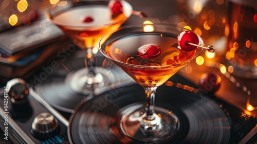 Classic cocktail party with sidecars and vintage vinyl records. 