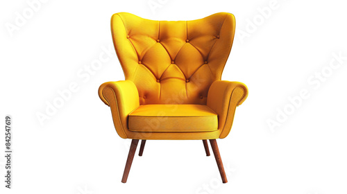 a yellow chair with wooden legs