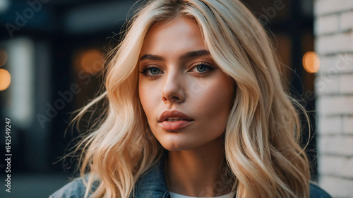 Stunning portrait of a beautiful blonde female influencer and model blonde hair highlights