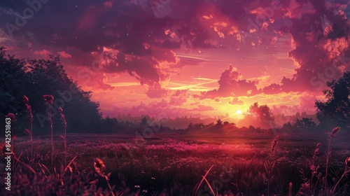 Sunset landscape with a melancholy sky and crimson twilight