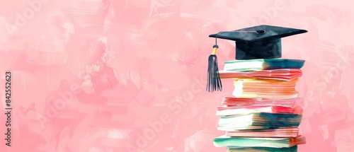 Stack of colorful books with a graduation cap on top against a pink background, symbolizing education and academic achievement.