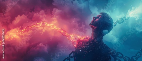 A figure chained and reaching toward a fiery sky.