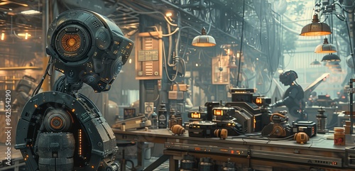 A robot stands in a dimly lit, steampunk-inspired street.