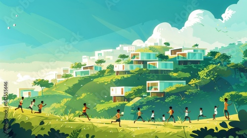 A flat vector illustration of a school in Ethiopia, featuring children running around and teenagers playing sports on green hills under a blue sky