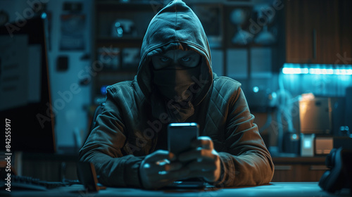A masked individual in a hooded jacket, intensely focused on a smartphone in a dimly lit room