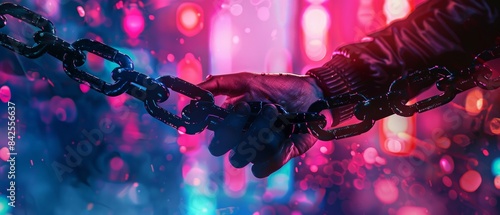 Gloved hand grasping a chain against a blurred background of neon lights.