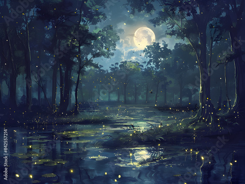 Enchanting moonlit swamp alive with flickering fireflies and echoed croaks from hidden frogs at night.