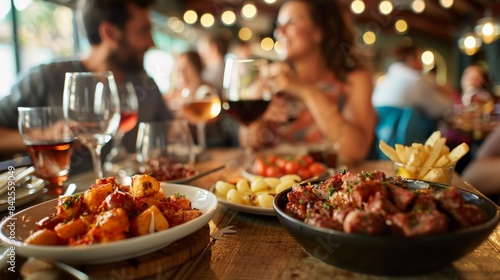 A tapas bar in Spain, with patrons enjoying small plates like chorizo, patatas bravas, and gambas al ajillo, surrounded by lively conversation.