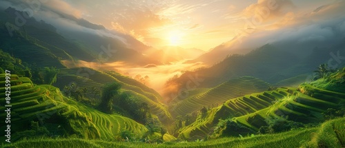 Sunrise Over Rice Terraces: Terraced rice fields glowing in the golden light of sunrise, with mist lingering in the valleys.