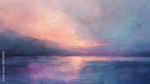 A rectangle painting of a natural landscape featuring a lake with a beautiful sunset in the background. The sky is filled with cumulus clouds, creating a stunning art piece AIG50