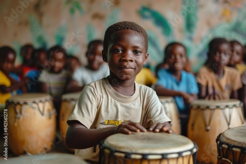 A Haitian drum workshop in a community center, teaching children the rhythms that are a staple of Haitian musical tradition.