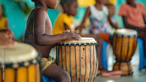 A Haitian drum workshop in a community center, teaching children the rhythms that are a staple of Haitian musical tradition.