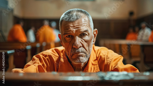 An elderly man wearing an orange prison jumpsuit sits in a courtroom with a serious expression. The background shows others dressed similarly around him