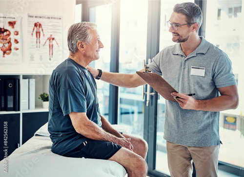 Physiotherapy, clipboard and mature man consulting chiropractor at clinic for body, assessment and examination. Physical therapy, service and client with expert for insurance, checklist or compliance