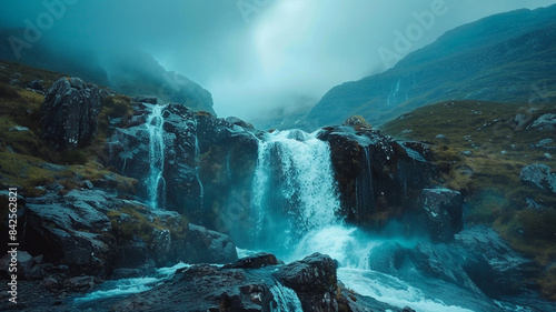 Beautiful shot of waterfall flowing down in the middle of rocky hills under a cloudy sky