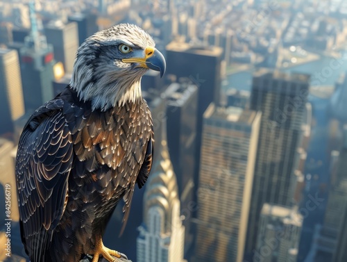 A majestic bald eagle perches on a high-rise building, looking out over the cityscape. The bird's sharp gaze and powerful presence contrast with the urban environment.