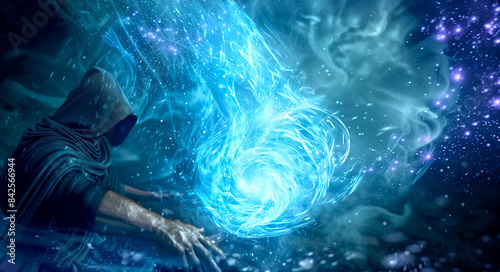 A wizard wear cloaked figure manipulates a swirling blue energy vortex onbackground a cosmic evoking powerful magic , have space for idea