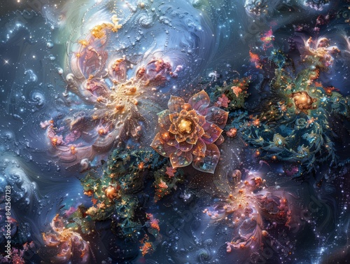 Abstract cosmic art with vibrant colors and swirling patterns, resembling flowers and celestial bodies. A visually captivating depiction of space.