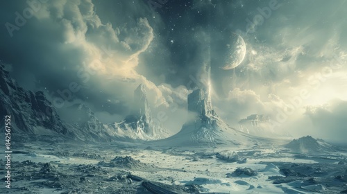 A dramatic, fantasy landscape with a towering peak and a swirling sky. The scene evokes a sense of mystery and wonder.